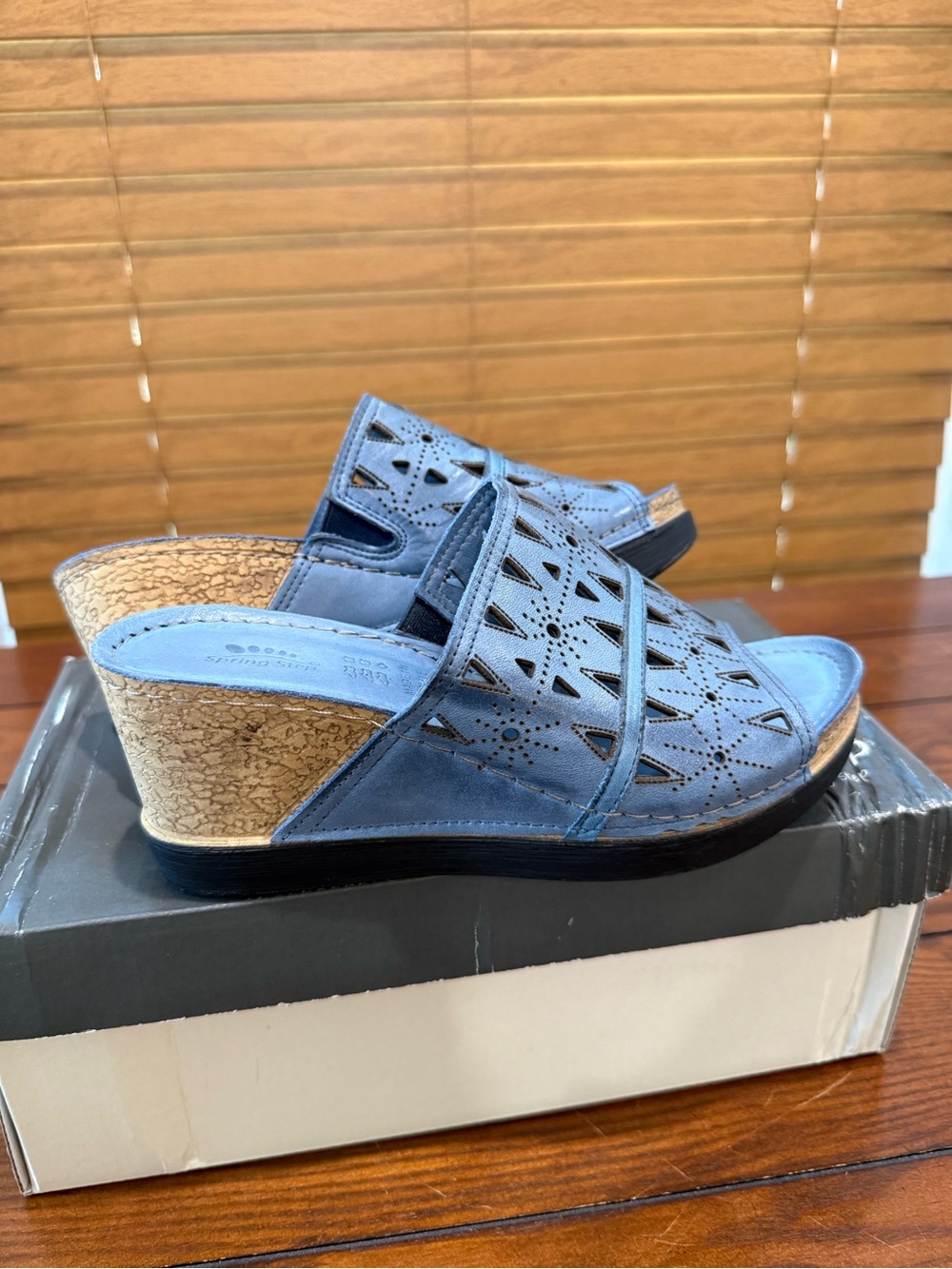 Spring Step Blue Laser-Cut Wedge Slide Sandals